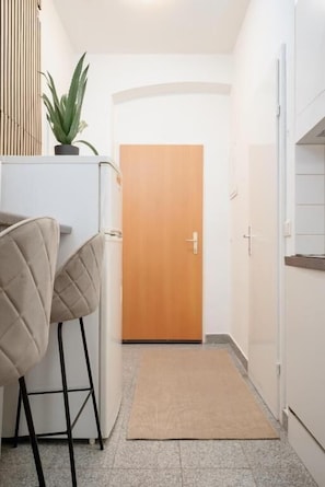 A hallway with a wooden door, a small plant on a shelf, and a bar stool. - An der Donau und 15 Minuten ins Zentrum (Wien)