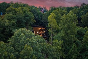 Un edificio de varios pisos rodeado de un bosque frondoso, con balcones y ventanas visibles.