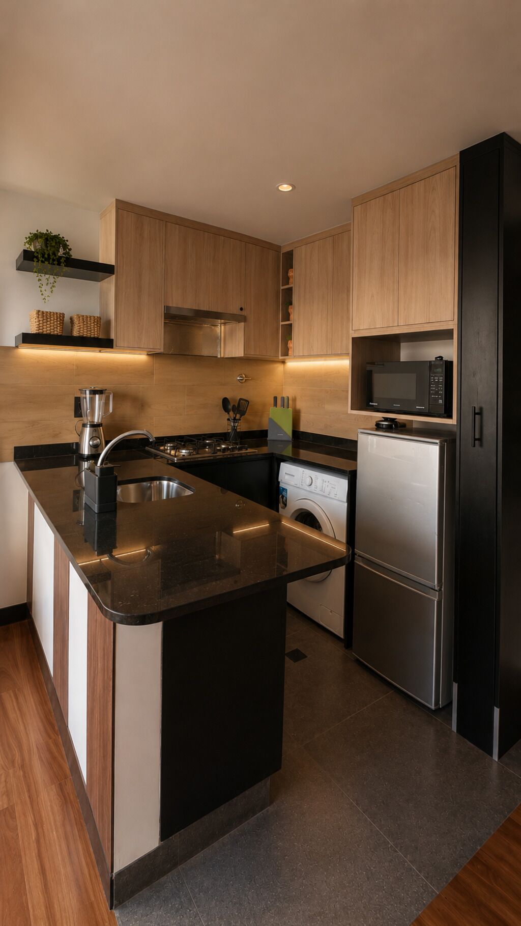 Une cuisine moderne avec des meubles en bois, un évier en acier inoxydable, un four encastré et un four à micro-ondes.