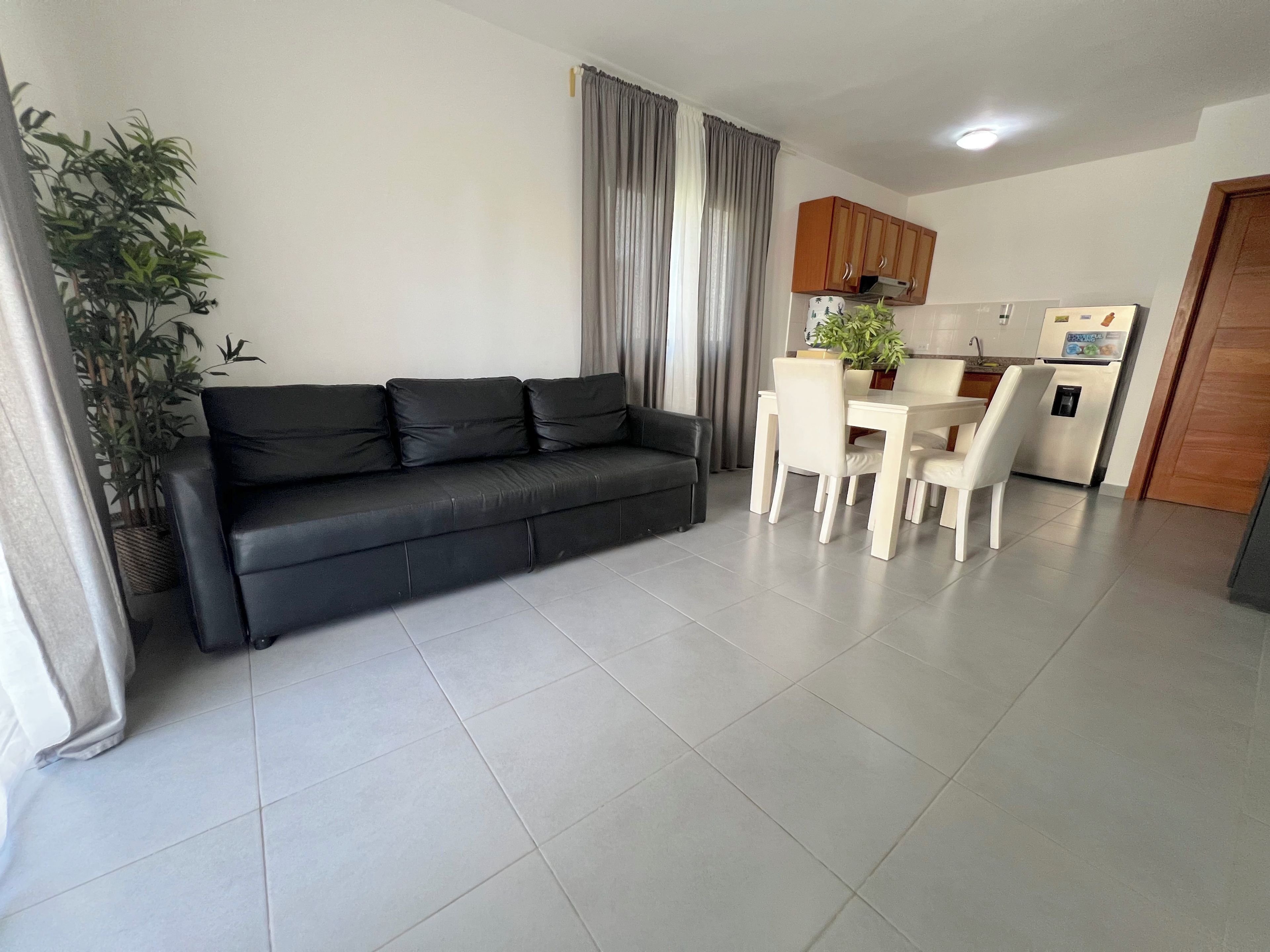 Una sala moderna con un sofá negro, una mesa de comedor con sillas, una zona de cocina con armarios y un refrigerador, y una planta en maceta.