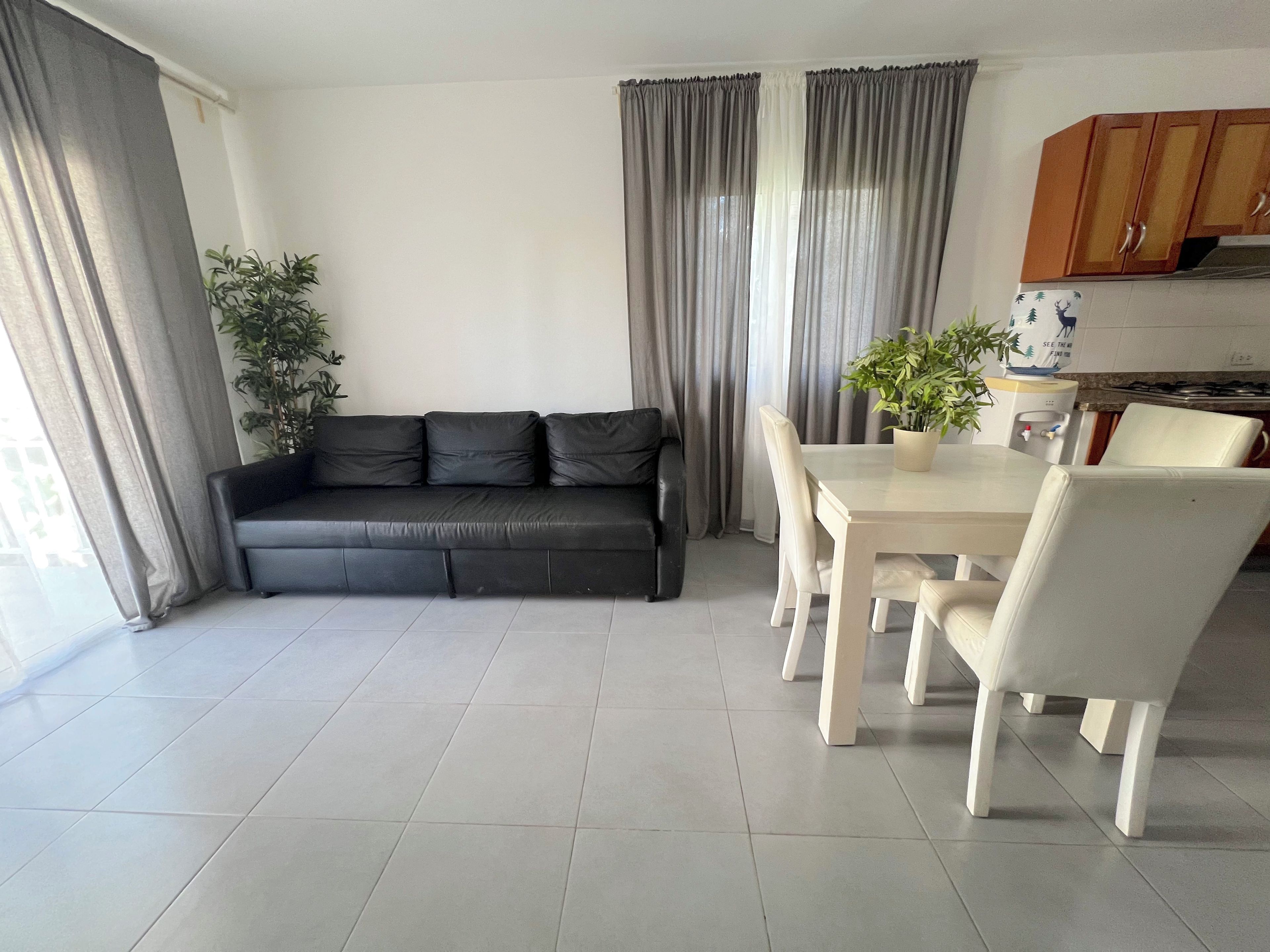 Un salón moderno con un sofá de cuero negro, una mesa de comedor con sillas, una planta en maceta y una zona de cocina con armarios de madera.