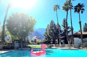 En swimmingpool med en lyserød flamingo-svømmebøje, omgivet af palmer og et bjerg i baggrunden.