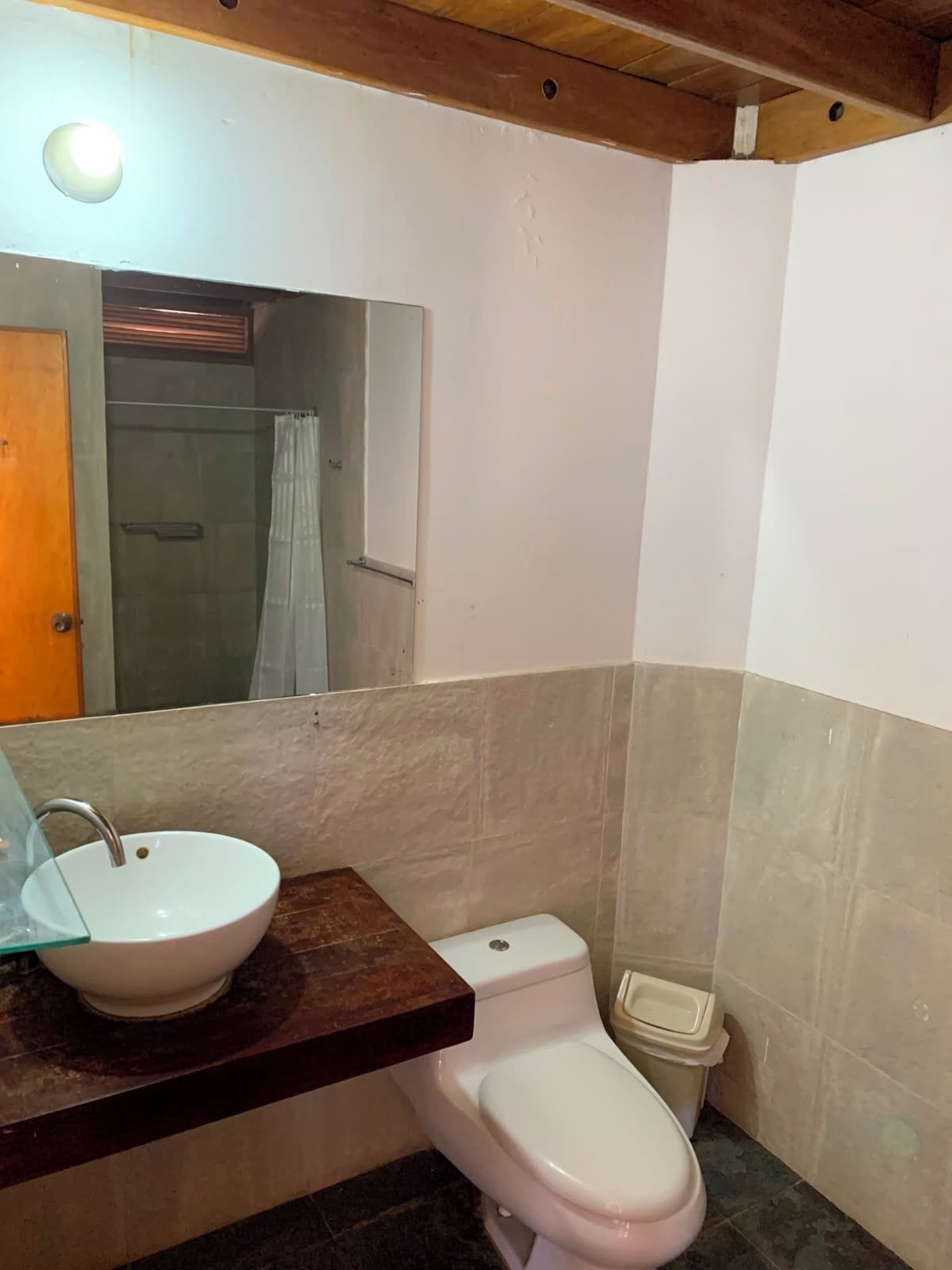 A bathroom with a white sink, a toilet, and a shower area.