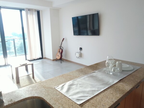 A modern kitchen with a granite countertop, a flat-screen TV mounted on the wall, and a guitar leaning against the wall.