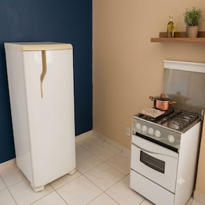 A kitchen with a white refrigerator, a stove, and a shelf with a bottle and a plant.