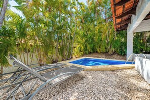 A swimming pool surrounded by palm trees and a covered area with lounge chairs.