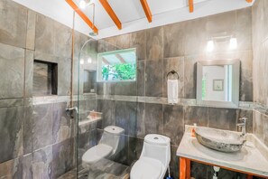 Une salle de bain moderne avec une douche à parois de verre, des toilettes, un lavabo avec un receveur en pierre et un miroir au-dessus du lavabo.