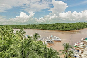A riverfront with boats docked, surrounded by dense green foliage.