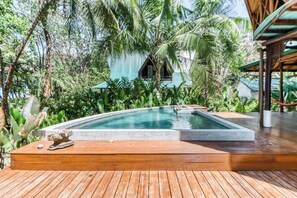 Une terrasse en bois avec une piscine rectangulaire, entourée d’une végétation tropicale, et une maison avec un toit bleu.