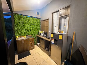 Une cuisine compacte avec un mur vert, des meubles en bois et une fenêtre agrémentée de rideaux.
