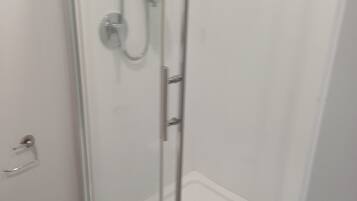 Shower, towels, soap, toilet paper