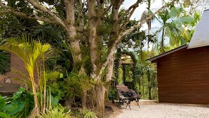A pathway leading to a wooden building, surrounded by lush greenery and a large tree.