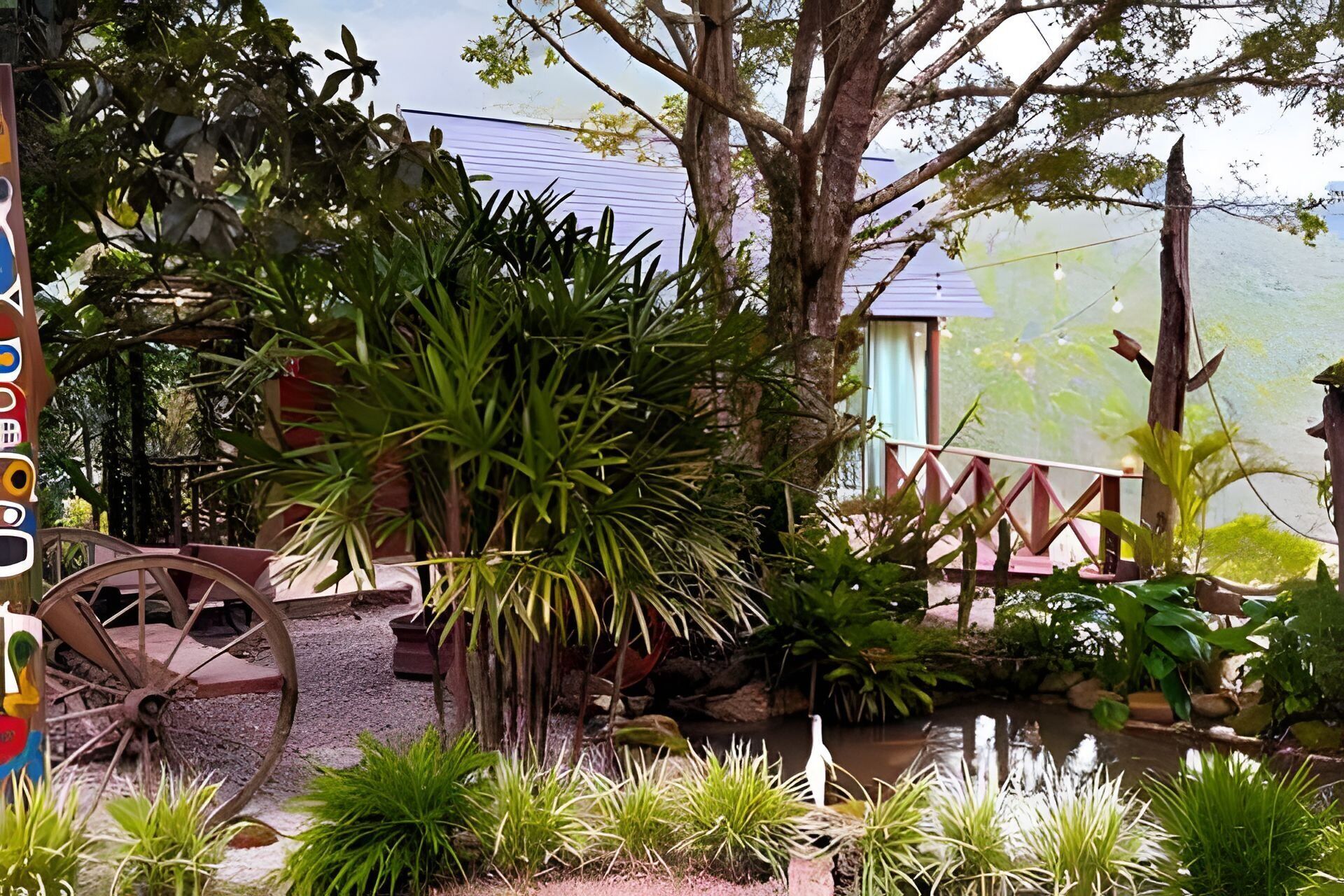 Un jardín con un estanque, una cerca de madera y un edificio con tejado azul.