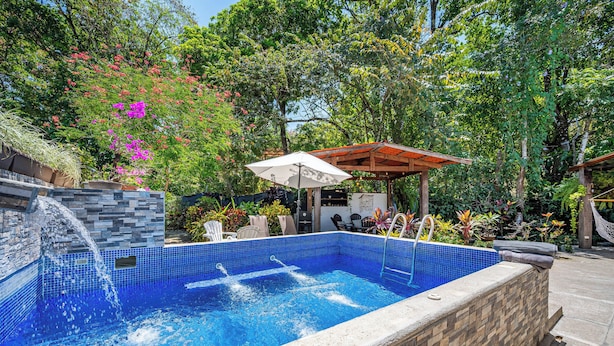 Piscina com parede de pedra e chão em azulejo, cercada por vegetação exuberante e uma pérgola de madeira.