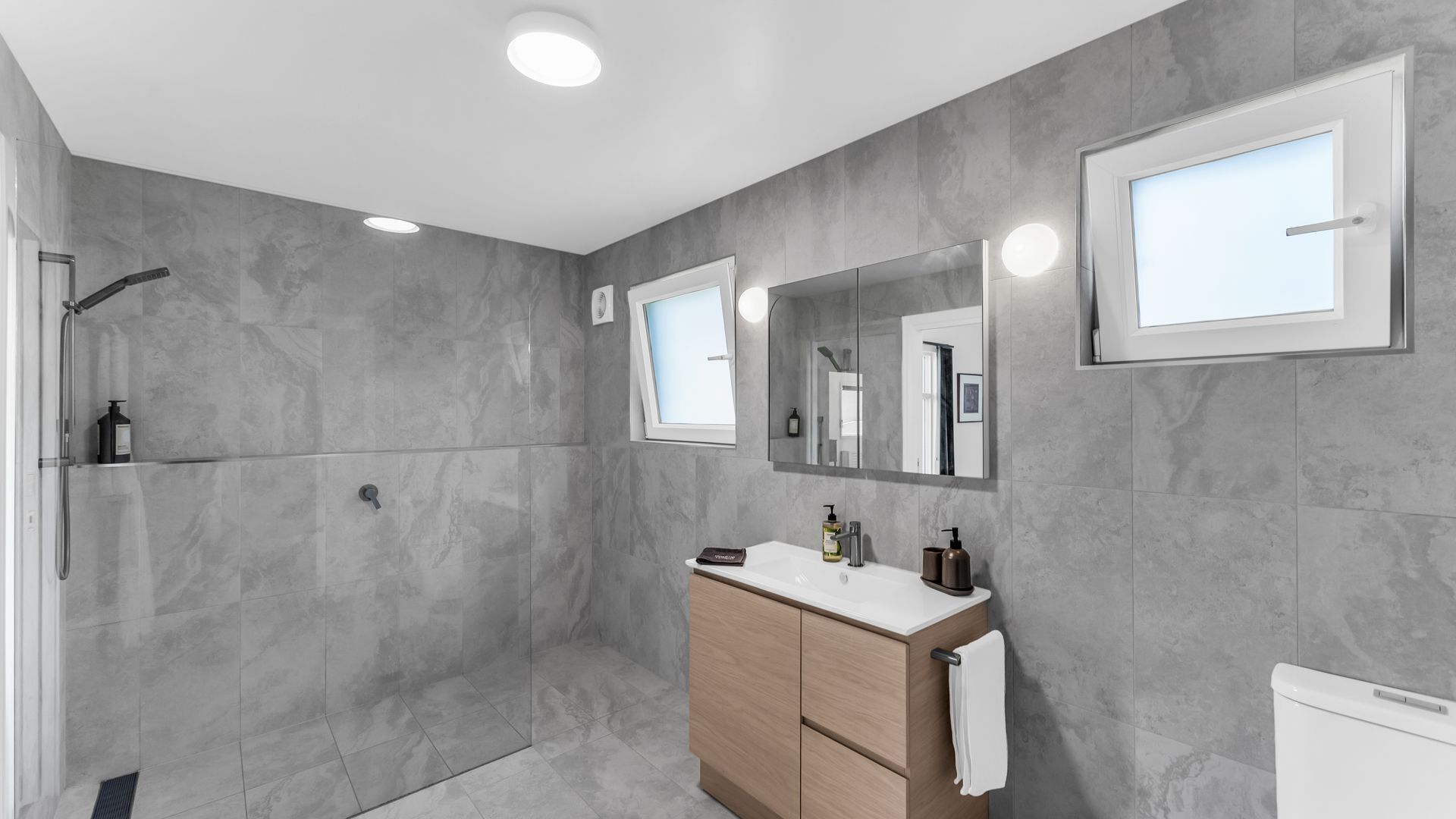 A modern bathroom with a shower, a vanity with a mirror, and a toilet.