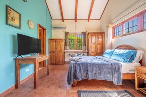 Une chambre à coucher avec un lit, une télévision, une fenêtre et une porte.