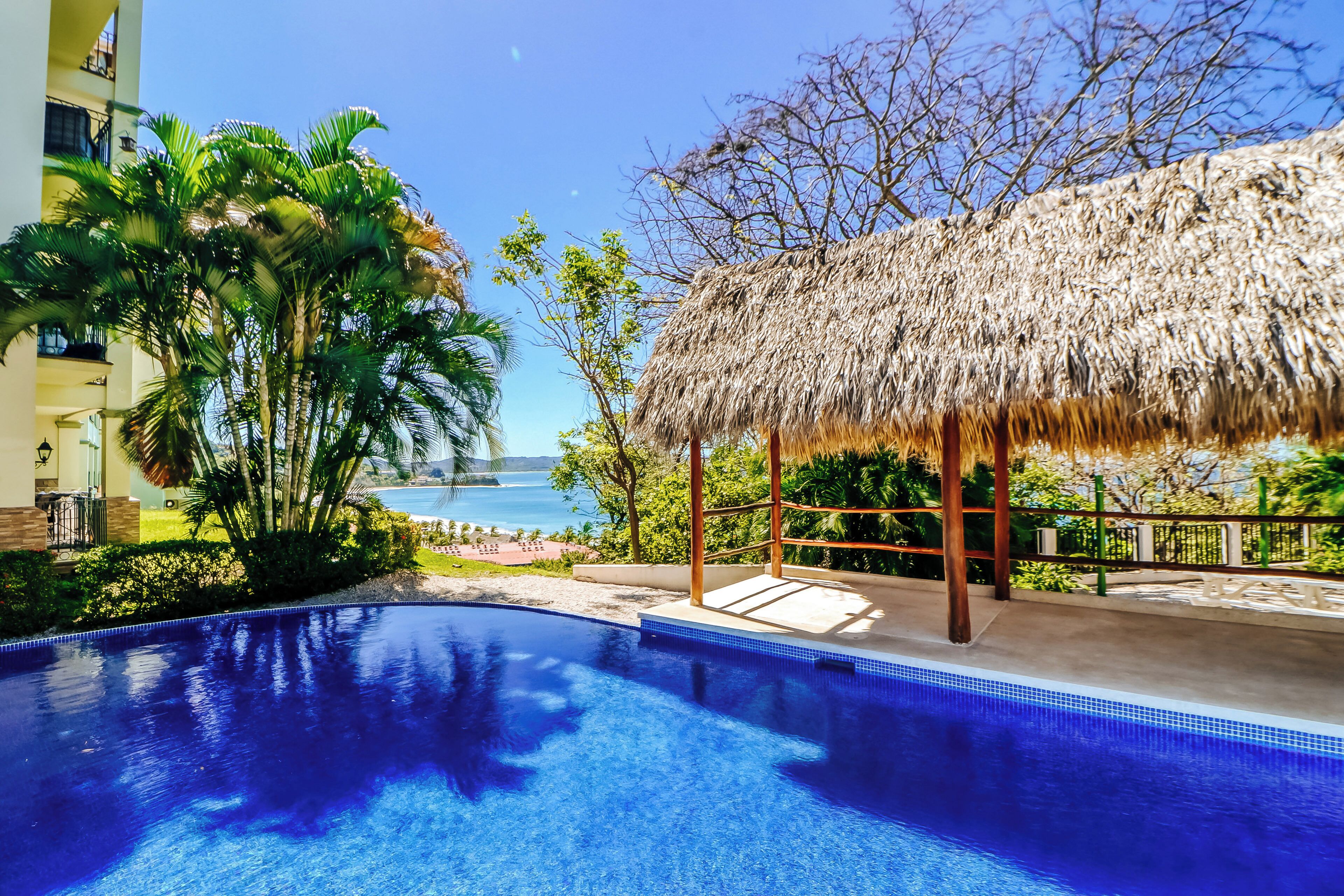 A swimming pool with a thatched roof structure, surrounded by palm trees and a view of the ocean.