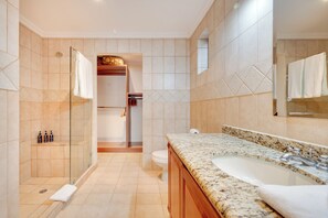 A modern bathroom with a granite countertop, a sink, and a shower area. - Best Flamingo Beach View! Pool, Balcony (Flamingo Beach)