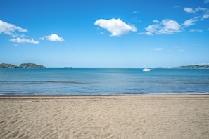 A beach with clear blue water, a boat in the distance, and a sandy shore. - Playa Potrero Oceanfront: Balcony, Pool (Playa Potrero)