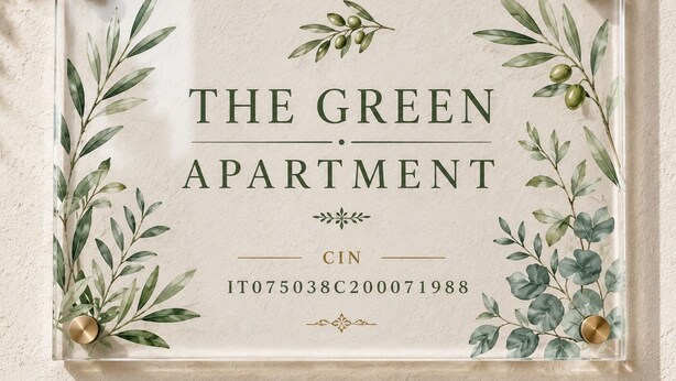 Un panneau transparent en acrylique portant l’inscription « THE GREEN APARTMENT » et un numéro CIN.