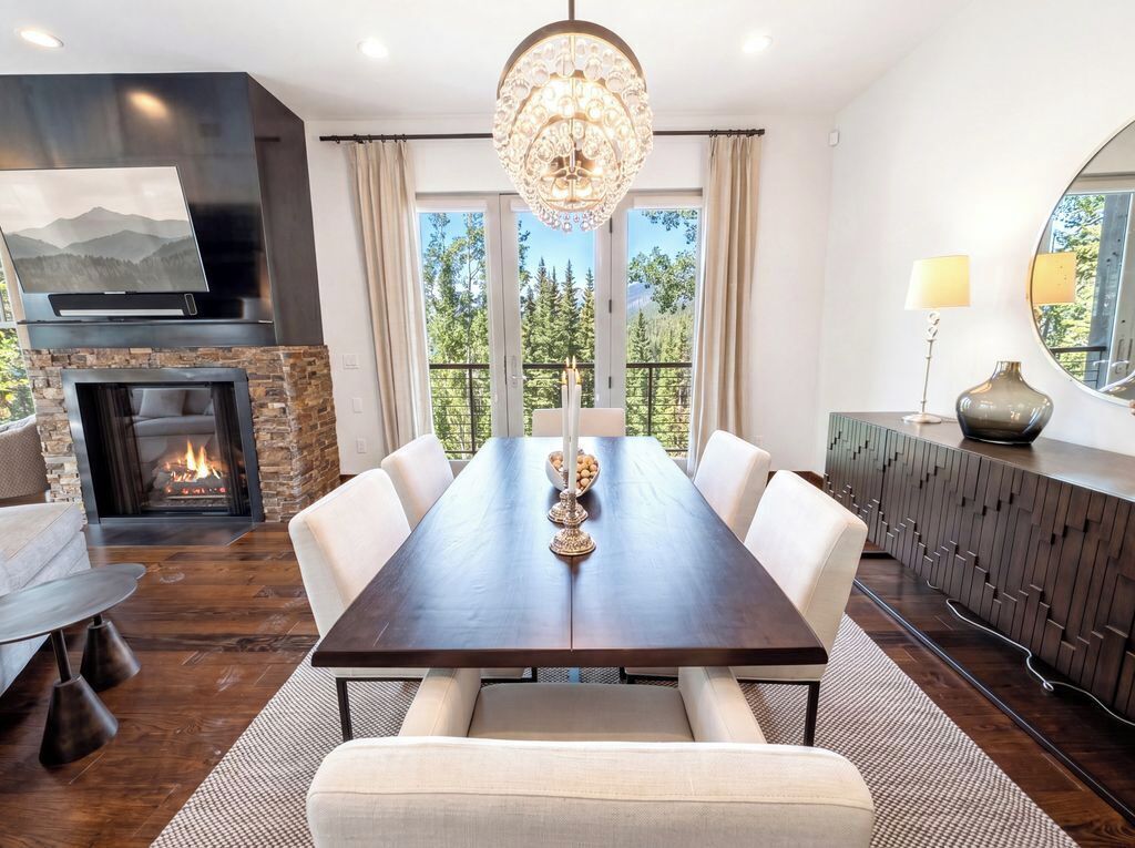 A dining room with a large table, chairs, a fireplace, and a chandelier.
