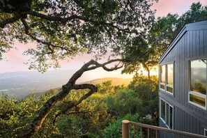 Un edificio moderno con ventanas amplias, rodeado de vegetación exuberante y vistas al paisaje.