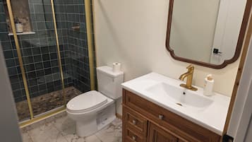 A bathroom with a toilet, a sink, a mirror, and a shower enclosure.