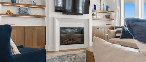 TV, fireplace, offices