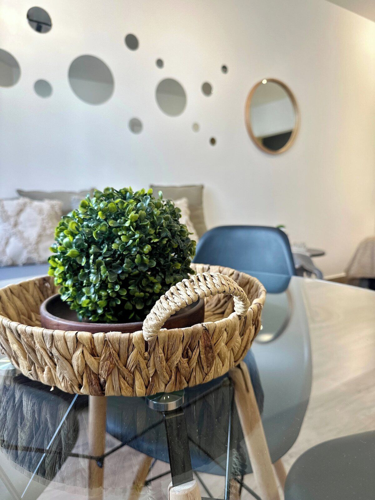 A room with a round woven basket containing a potted plant, a bed with a pillow, a chair, and a wall with circular decorations.