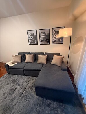 A modern living room with a sectional sofa, a grey shag rug, and three framed cat pictures on the wall. - Elegant & Spacious Apartment in Downtown BA (Buenos Aires)