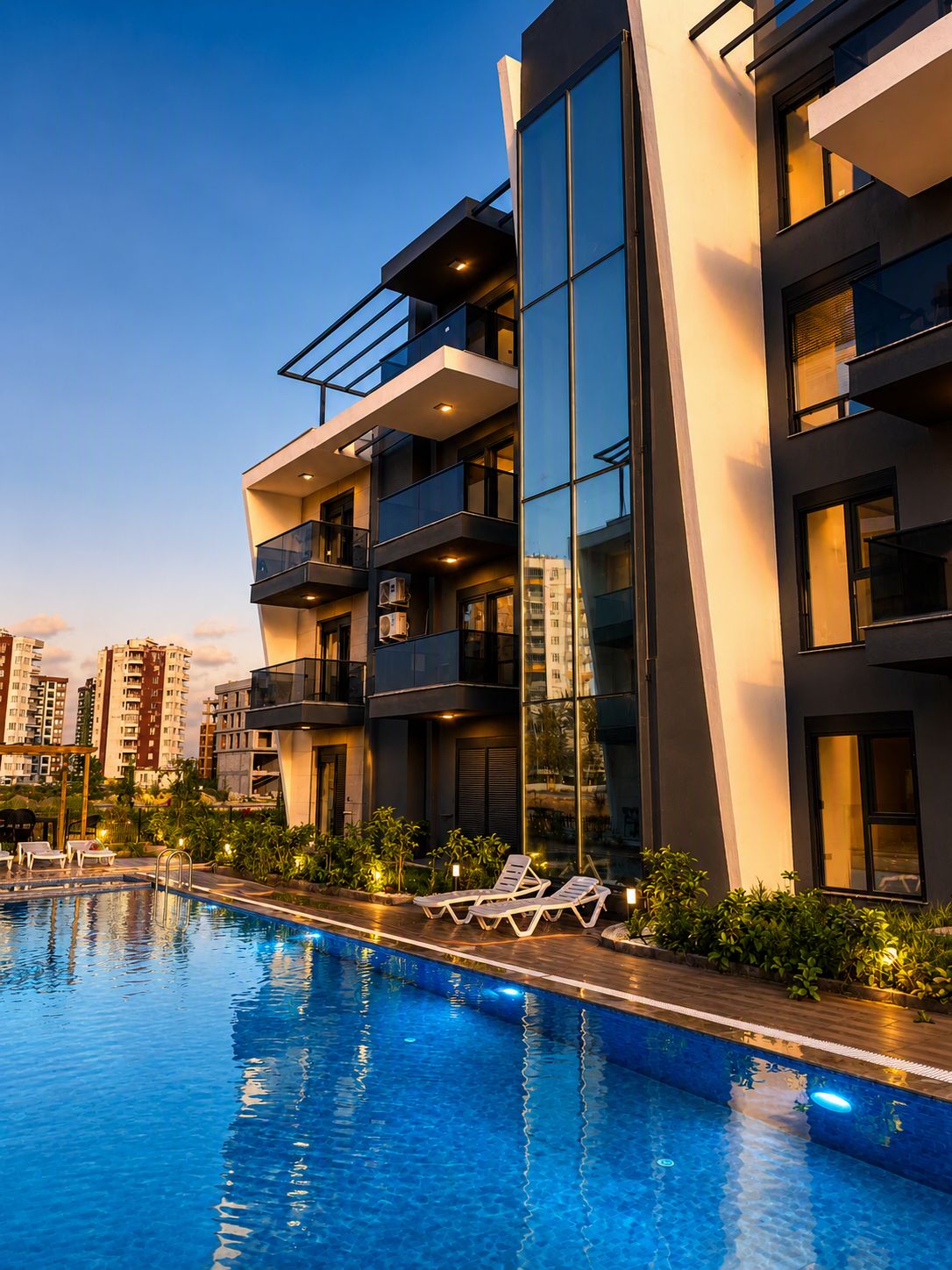 Un edificio moderno con piscina, varios balcones y cielo despejado.