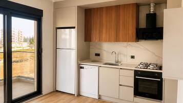Une cuisine moderne équipée d’un lave-vaisselle, d’un évier, d’une cuisinière et d’un four.