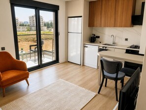 A modern kitchen with a built-in dishwasher, a small dining area with a table and chairs, and a large sliding glass door leading to an outdoor balcony.