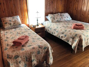 Deux lits avec une literie à motifs floraux, des têtes de lit en bois et une table de chevet avec une lampe placée entre les deux.