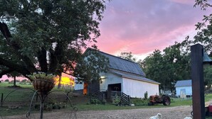 A rural barn with a dirt driveway, surrounded by trees and farm equipment. - Welcome to Orchard Farms!  Looking for a Farm/Homestead experience or getaway? (Summerville)