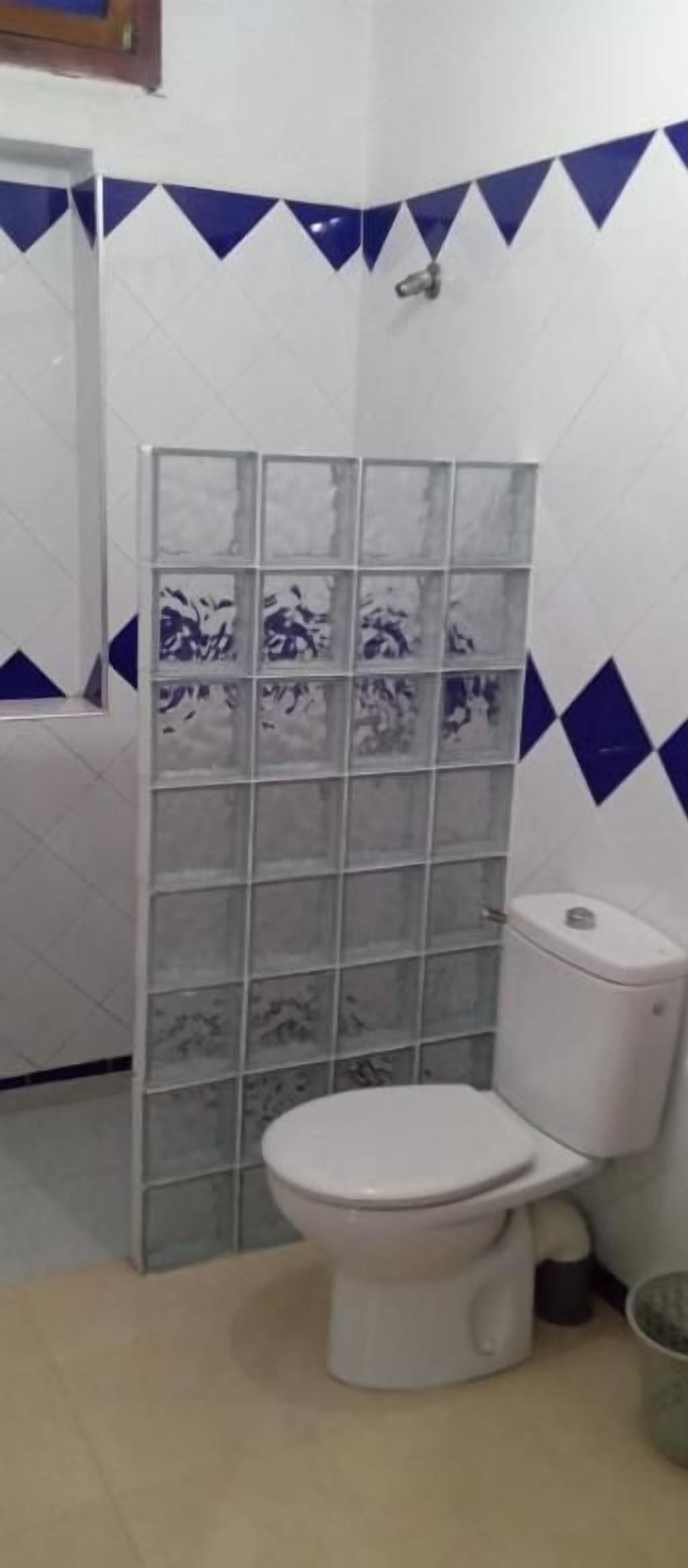 Une salle de bain comprenant des toilettes, un espace douche et un mur carrelé.