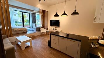 Un salon moderne avec un canapé, une table basse et un téléviseur. Il y a également un coin cuisine équipé de placards et d’un plan de travail.