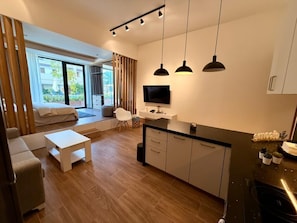 Un salon moderne avec un canapé, une table basse et un téléviseur. Il y a également un coin cuisine équipé de placards et d’un plan de travail.