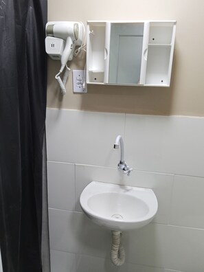 Douche, sèche-cheveux, serviettes fournies, savon