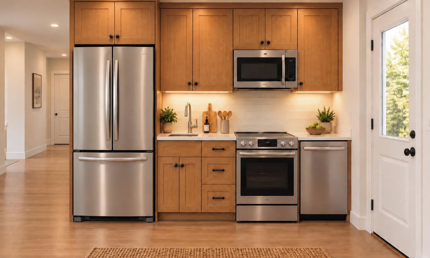 A modern kitchen with stainless steel appliances, wooden cabinets, and a view of the outdoors.