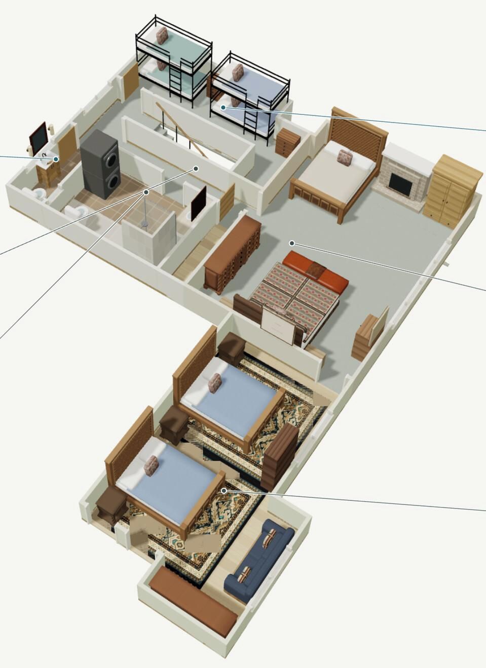 Un plan d’étage en 3D d’un hôtel comprenant plusieurs chambres, un balcon, un espace de vie et une salle de bain.