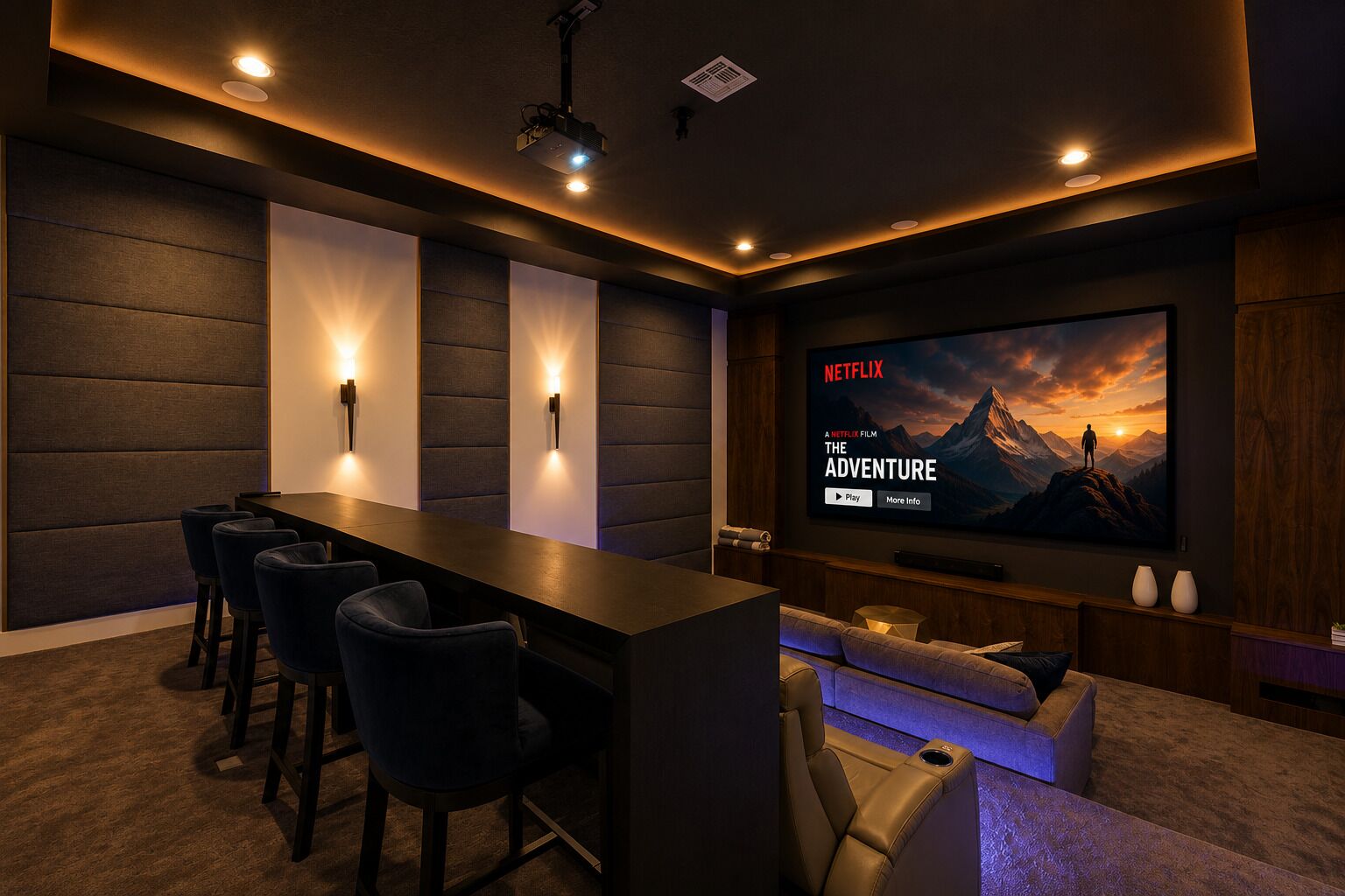 Une salle de cinéma privée équipée d’un grand téléviseur à écran plat, d’un bar en bois sombre et de sièges confortables.