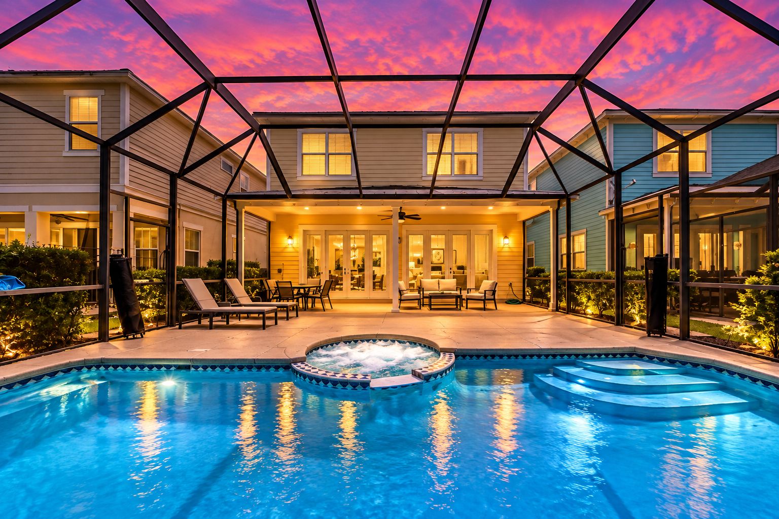 A swimming pool with a hot tub, surrounded by a covered patio with seating and a view of a house.
