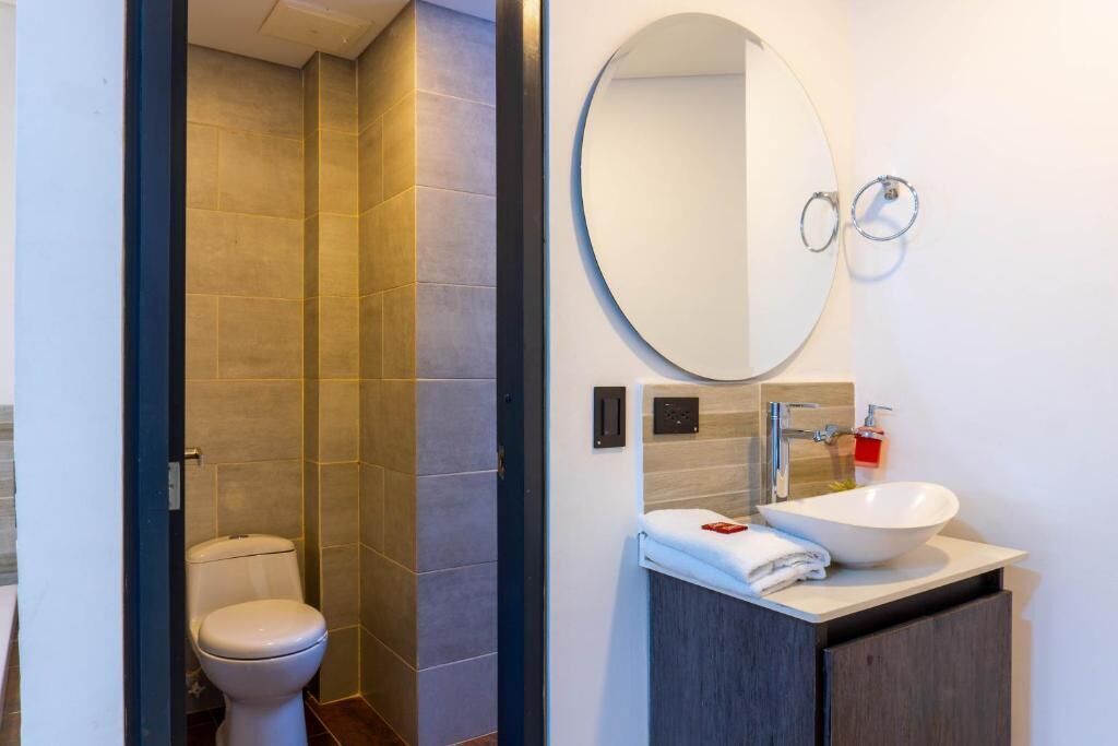 Un baño con inodoro, ducha y lavamanos con espejo.