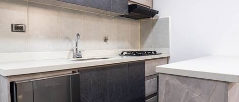 A modern kitchen with dark cabinetry, a stainless steel dishwasher, and a gas stove.