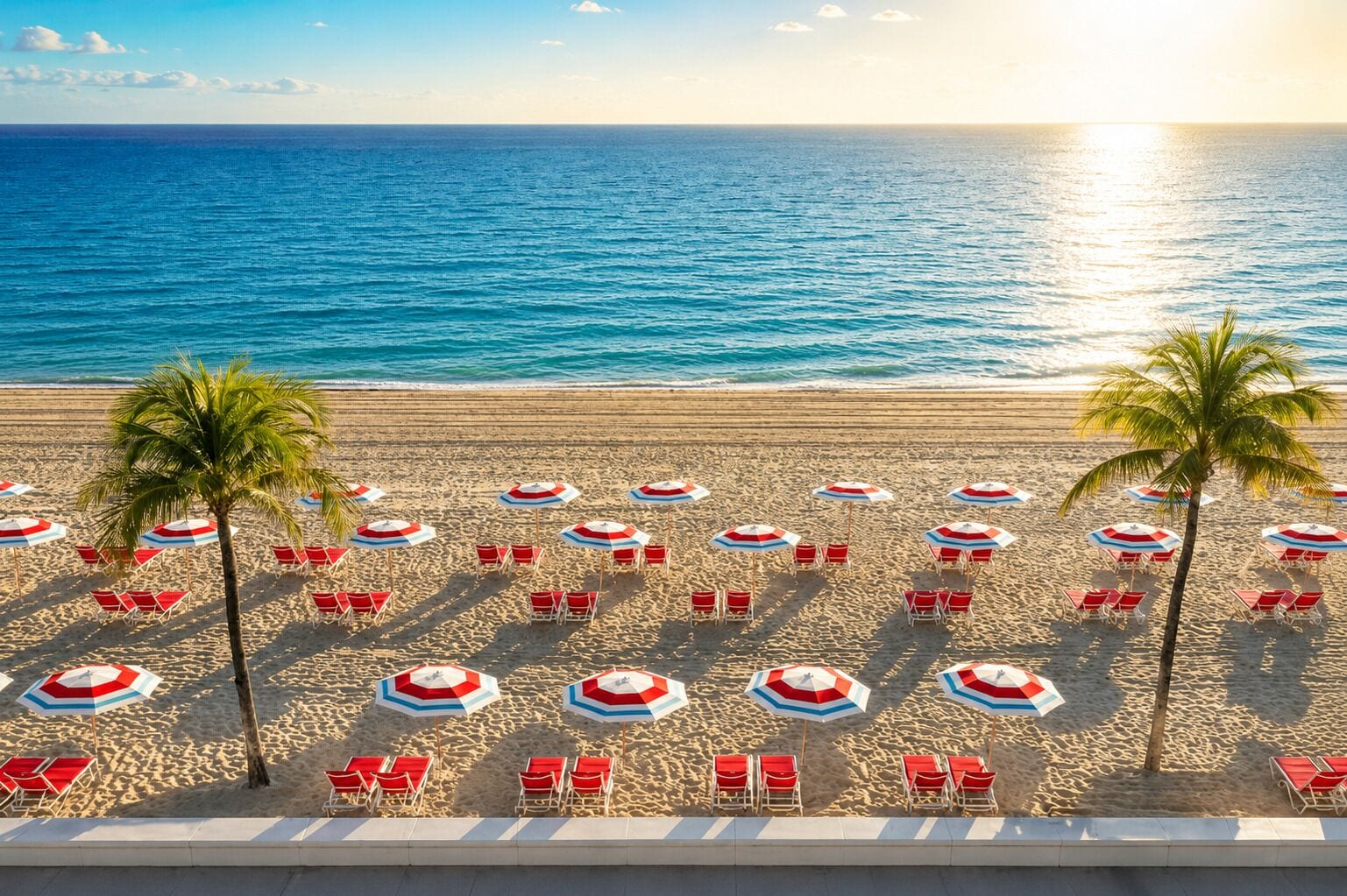 A beach with rows of red lounge chairs and umbrellas, palm trees, and the ocean.