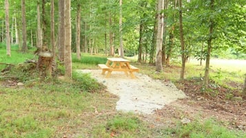 A picnic table in a forested area with a dirt path leading to it.
