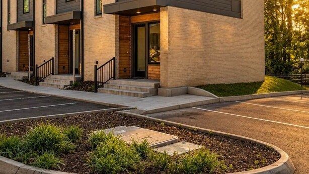 Un immeuble résidentiel moderne à plusieurs étages, doté d’un toit plat, de grandes fenêtres et d’un jardin paysager à l’avant.