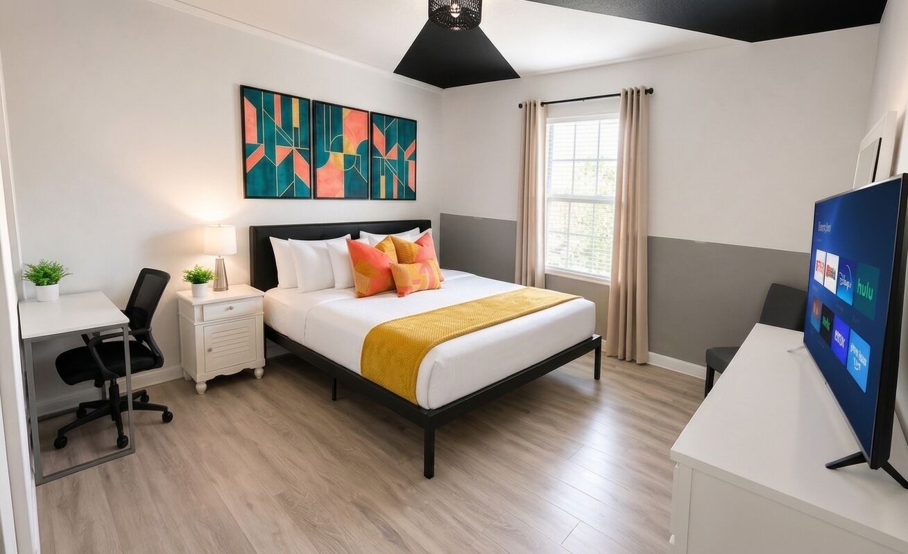 Un dormitorio moderno con cama, mesitas de noche, escritorio y televisor.