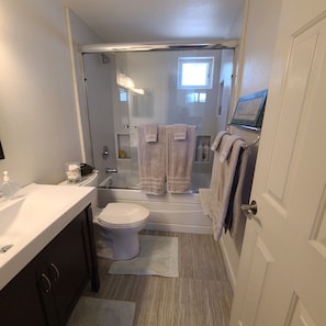 A modern bathroom with a glass-enclosed shower, a toilet, and a sink.